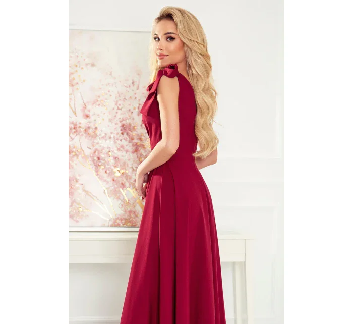 ELENA - Dlhé dámske šaty vo vínovej bordovej farbe s výstrihom a zaväzovaním na ramenách 405-1 ELENA - Dlhé dámske šaty vo vínovej bordovej farbe s výstrihom a zaväzovaním na ramenách 405-1