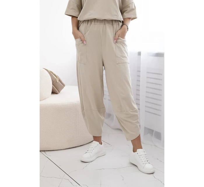 Súprava bavlnená blúzka + nohavice béžová