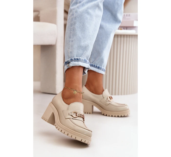 Zazoo 20175 Półbuty Damskie Na Słupku Skóra Naturalna Jasnobeżowe