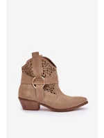 Zamszowe Botki Kowbojki Ażurowe Na Obcasie Zazoo 2994 Beżowe