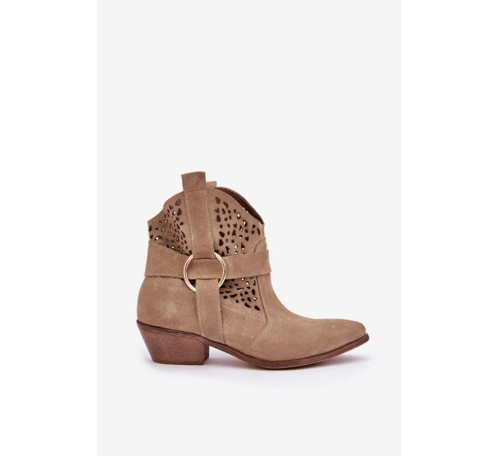 Zamszowe Botki Kowbojki Ażurowe Na Obcasie Zazoo 2994 Beżowe