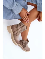 Zazoo 3470 Zamszowe Botki Damskie Na Płaskim Obcasie Ażurowe Cappuccino