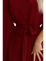 287-34 SOFIA Dámske šaty s motýlikom a viazaním v páse - Bordeaux 287-34 SOFIA Dámske šaty s motýlikom a viazaním v páse - Bordeaux