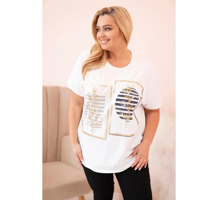 Dámske bavlnené Plus veľkosť blúzka s kamienkami biela + tmavomodrá