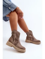 Zazoo 3470 Zamszowe Botki Damskie Na Płaskim Obcasie Ażurowe Cappuccino