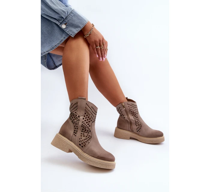 Zazoo 3470 Zamszowe Botki Damskie Na Płaskim Obcasie Ażurowe Cappuccino