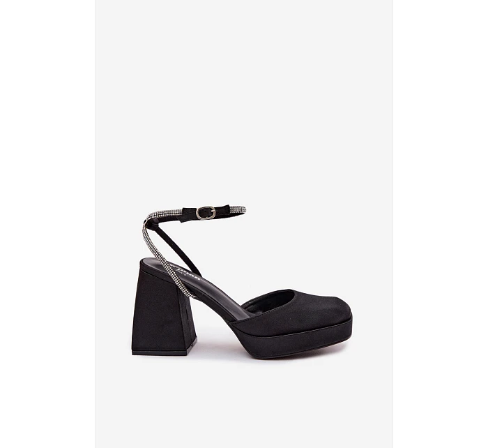 Dámské sandály na masivním podpatku ve tvaru sloupku s páskem se štrasem Černé Seraphina