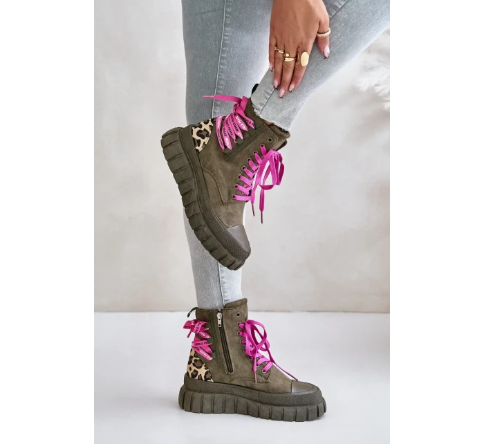 Dámske členkové topánky na platforme s ozdobným čipkovaným leopardím vzorom zelené Edidda Dámske členkové topánky na platforme s ozdobným čipkovaným leopardím vzorom zelené Edidda