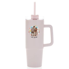 Personalizovaná termoska s průhledným víčkem s výřezem fotky na podkladu