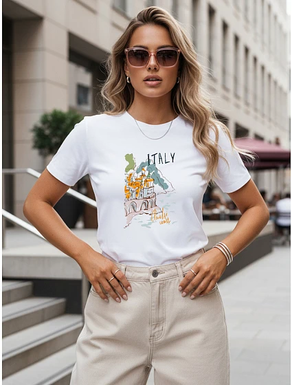 Dámske tričko s potlačou talianskej krajiny, biele, FashionStreet NX8018RY Dámske tričko s potlačou talianskej krajiny, biele, FashionStreet NX8018RY