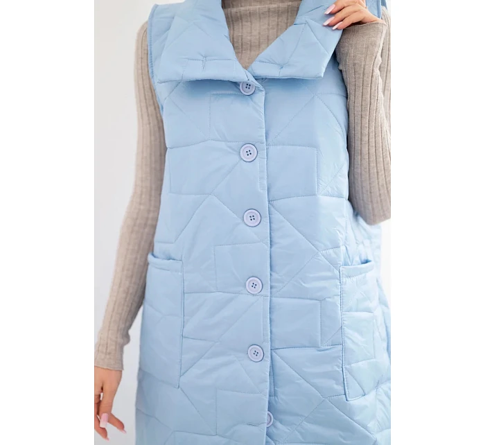 Dámska prešívaná dlhá vesta s vreckami a stojačikom modrá