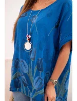 Dámske bavlnené tričko s kvetinovým vzorom chrpovo modré