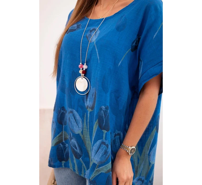 Dámske bavlnené tričko s kvetinovým vzorom chrpovo modré