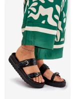 Klapki Damskie Na Platformie Ze Złotymi Klamrami Czarne Wernone