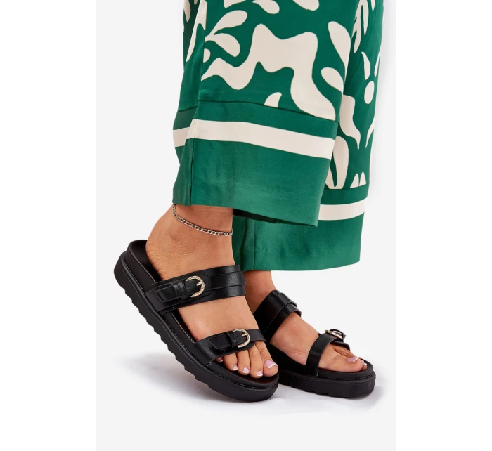 Klapki Damskie Na Platformie Ze Złotymi Klamrami Czarne Wernone