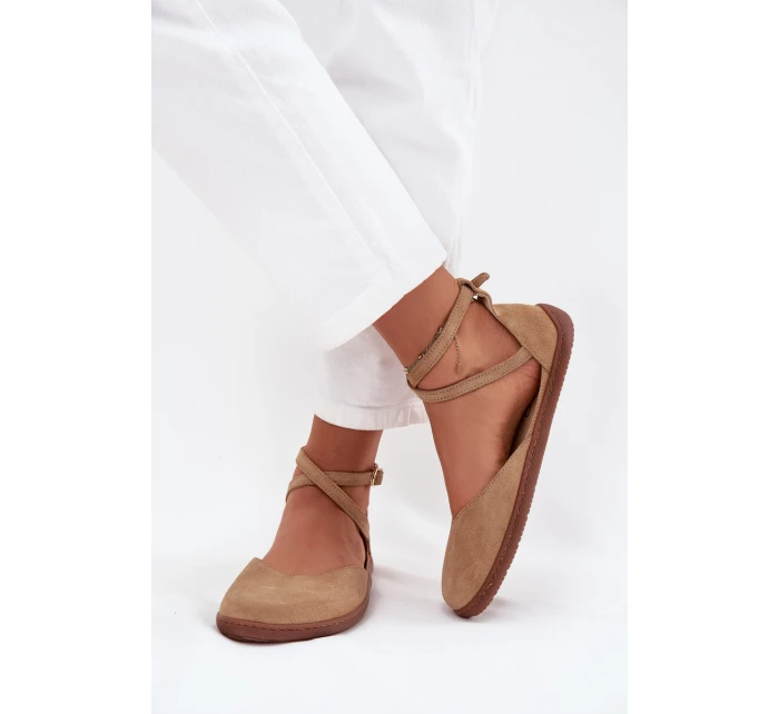 Zamszowe Baleriny Damskie Barefoot Z Paskami Zazoo 191 Beżowe
