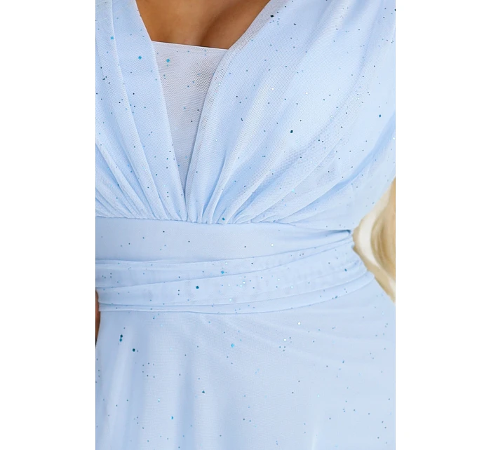 Dlhé trblietavé plus size šaty 654-3 modré - Numoco