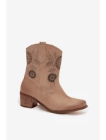 Zamszowe Skórzane Botki Damskie Ażurowe Na Obcasie Zazoo 3844 Beżowe