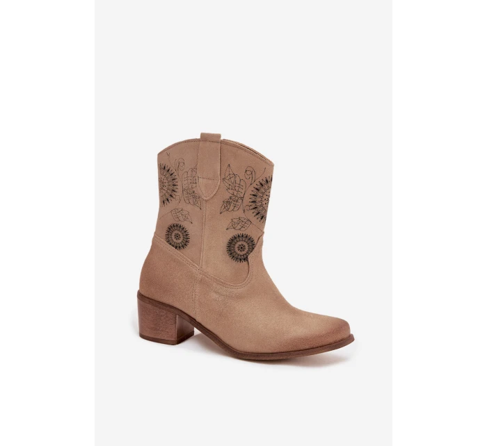 Zamszowe Skórzane Botki Damskie Ażurowe Na Obcasie Zazoo 3844 Beżowe