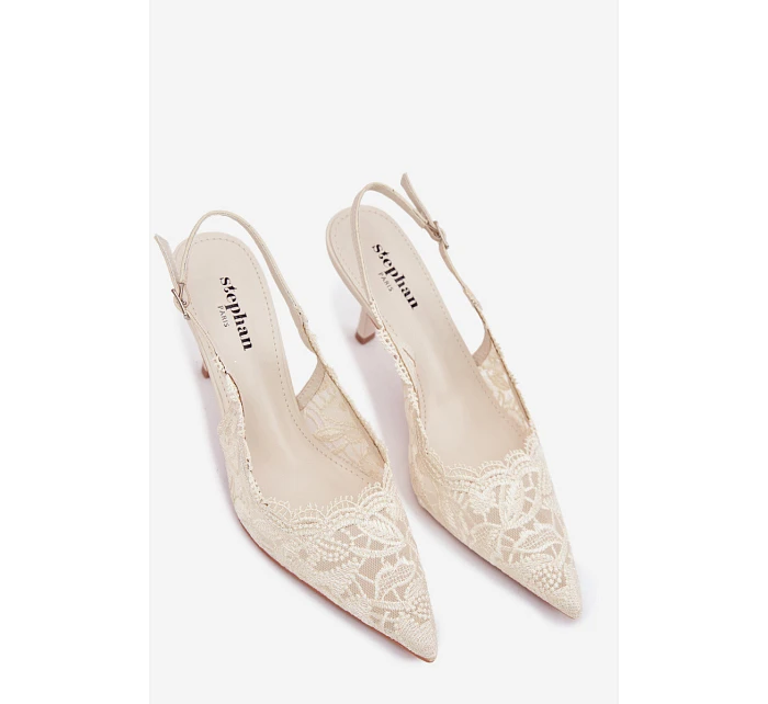 Krajkové Sandály na Podpatku Světle Béžové model 22103019 - Boto