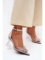 Lodičky na podpatku s lesklým zdobením model 22126165 Béžové - VINCEZA