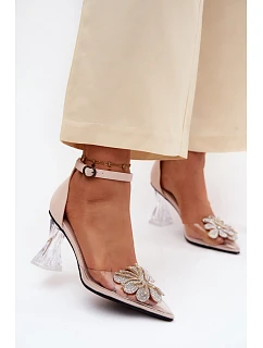Lodičky na podpatku s lesklým zdobením model 22126165 Béžové - VINCEZA