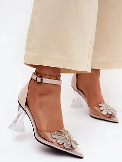 Lodičky na podpatku s lesklým zdobením model 22126165 Béžové - VINCEZA