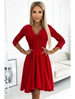 210-16 NICOLLE šaty s čipkovaným výstrihom a dlhším chrbtom - červené 210-16 NICOLLE šaty s čipkovaným výstrihom a dlhším chrbtom - červené