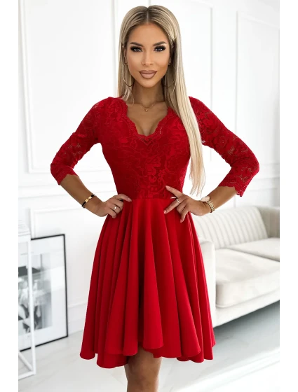 210-16 NICOLLE šaty s čipkovaným výstrihom a dlhším chrbtom - červené 210-16 NICOLLE šaty s čipkovaným výstrihom a dlhším chrbtom - červené