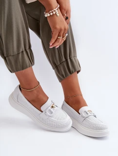 Skórzane Mokasyny Damskie Na Platformie Białe S.Barski LR720