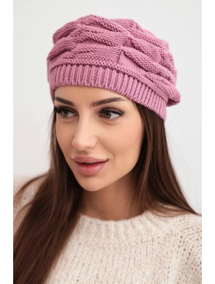 Dámska zimná vlnená čiapka s ozdobným pletením a kamienkami K397 fialová