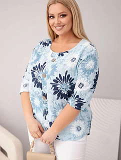 Dámská bavlněná halenka Plus Size s krátkým rukávem a knoflíky modrá