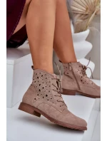 Sznurowane Botki Z Ażurowym Wzorem S.Barski HY51-136 Beżowe