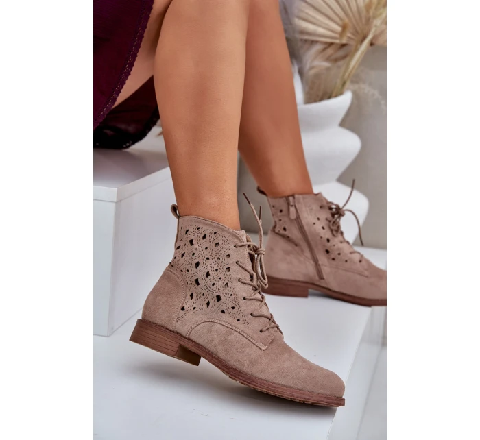 Sznurowane Botki Z Ażurowym Wzorem S.Barski HY51-136 Beżowe