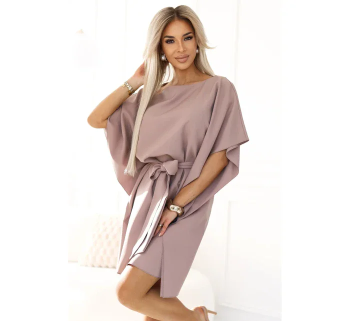 287-37 SOFIA Motýlie šaty so zaväzovaním v páse - MOCHA MOUSSE