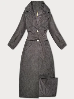 Hnedý pruhovaný dlhý dámsky kabát s opaskom S'West (B8542-14)