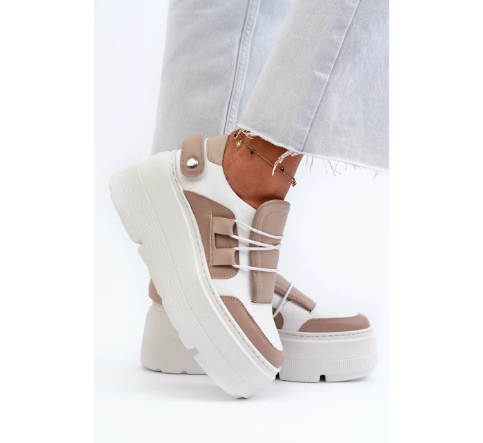 Zazoo 1833 Sneakersy Damskie Skórzane Na Masywnej Podeszwie Beżowo-Białe