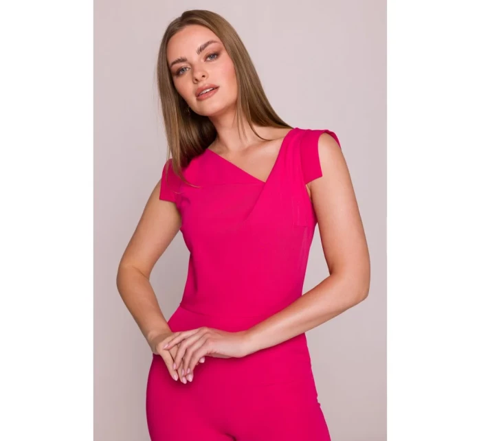 S407 Elegantný overal s asymetrickým výstrihom - ružový S407 Elegantný overal s asymetrickým výstrihom - ružový