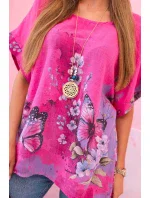 Dámske bavlnené tričko s motýľmi a kvetmi ružové