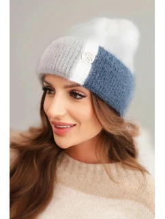 Dámská čepice barevná z viskózy s ozdobným knoflíkem bílý + modrý