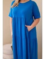 Dámské bavlněné šaty Plus Size s krátkým rukávem a volánem chrpová