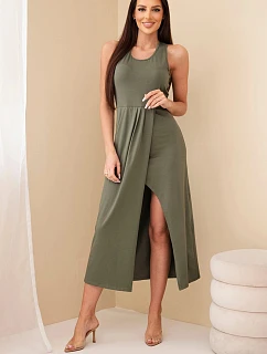 Dámske bavlnené midi šaty bez rukávov s khaki šerpou