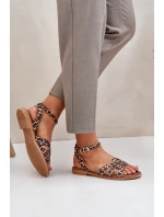 Dámske kožené sandále Zazoo 3688 Brown s plochým leopardím podpätkom