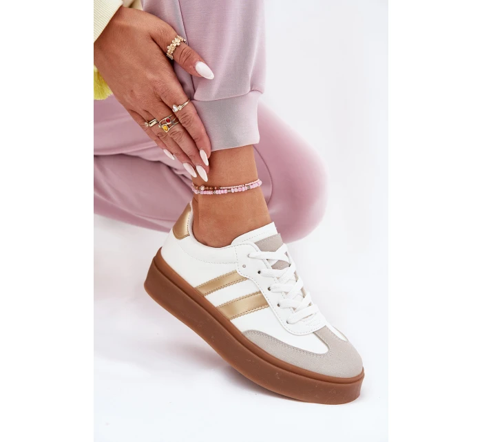 Sneakersy Damskie Na Platformie Z Eko Skóry Biało-Złote Elaraven