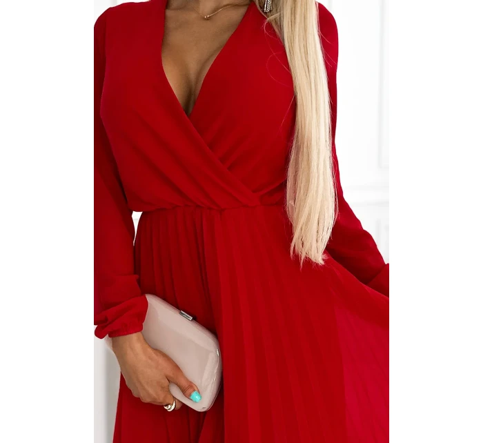 313-13 ISABELLE Plisované šaty s dlhým rukávom a obálkovým výstrihom - ČERVENÉ