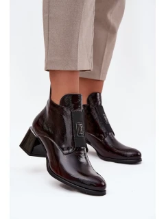 Skórzane Lakierowane Botki Na Klocku Z Ozdobnym Detalem Ocieplane Zazoo 60560 Bordowe