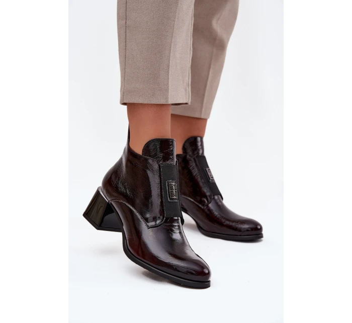 Skórzane Lakierowane Botki Na Klocku Z Ozdobnym Detalem Ocieplane Zazoo 60560 Bordowe