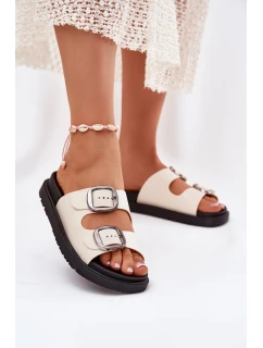 Klapki Damskie Z Klamrami Na Platformie Beżowe Elamas