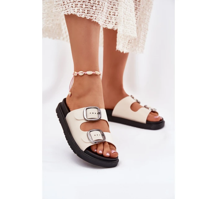 Klapki Damskie Z Klamrami Na Platformie Beżowe Elamas