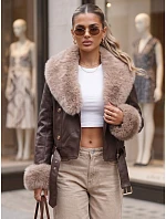 Dámska zimná kožená bunda s kožušinou, hnedá, FashionStreet TY5979